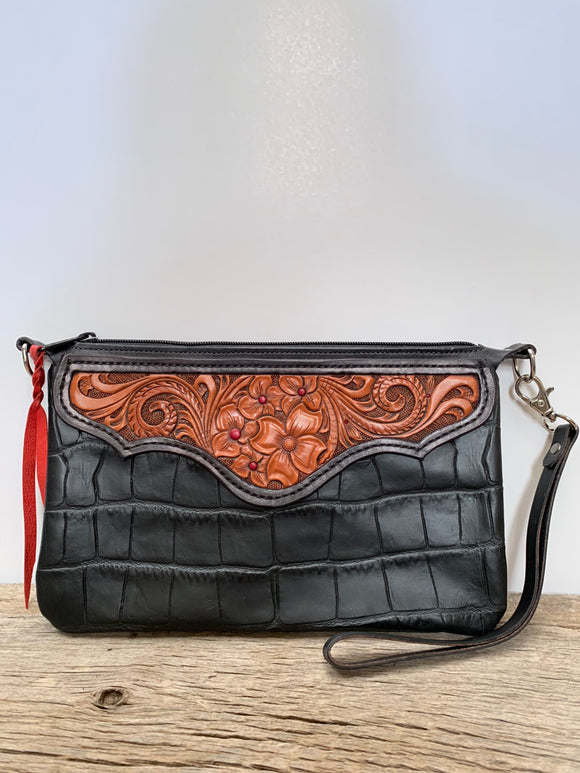 Wristlet purse-Black, floral tooled