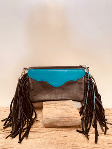 Wristlet purse-Black/Turq. w/fringe