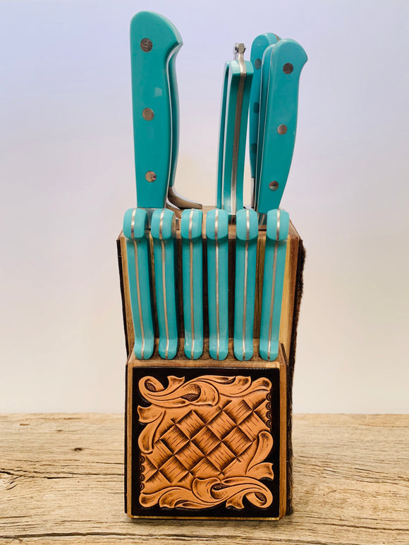 Leather Accented Knife Block-with Turquoise Knives