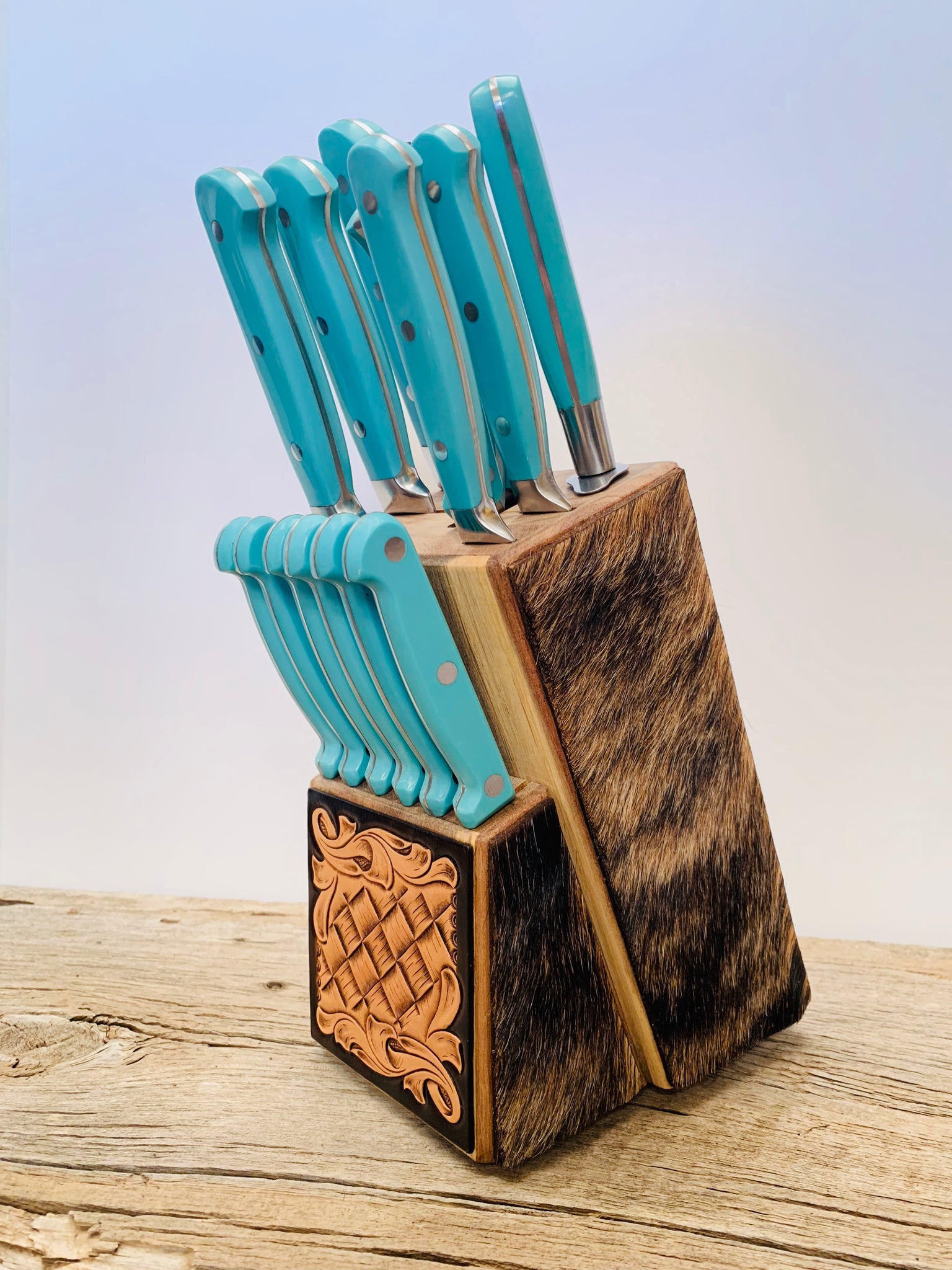 Leather Accented Knife Block-with Turquoise Knives – Bar TL Custom