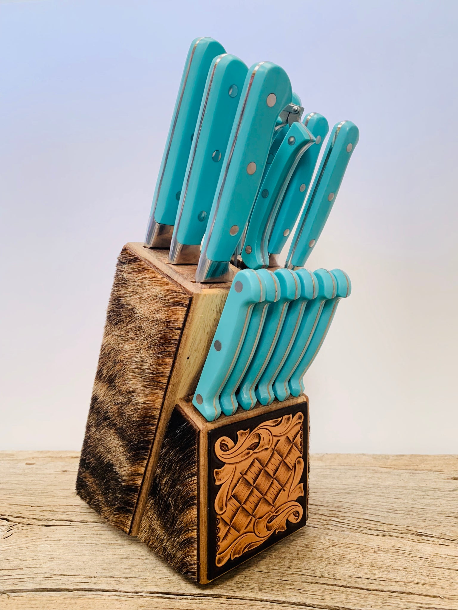 Ready To Ship Tooled Knife Block With Turquoise Knives – Broken J Designs