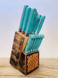 Leather Accented Knife Block-with Turquoise Knives