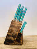 Leather Accented Knife Block-with Turquoise Knives