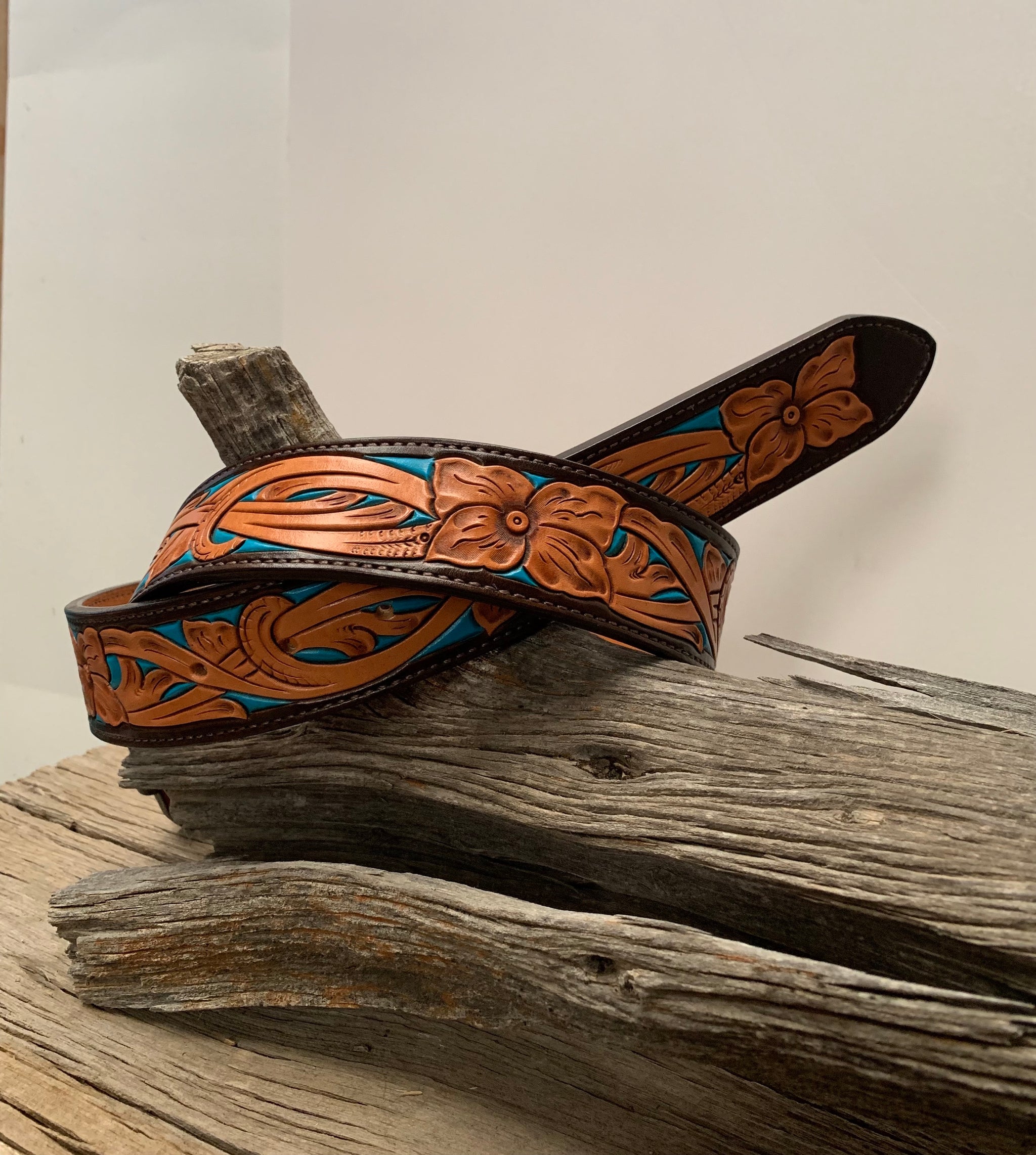 Vintage Hand Tooled & Painted Floral Leather Belt sz S Custom Hand Tooled Belt | Floral #4 main image 3
