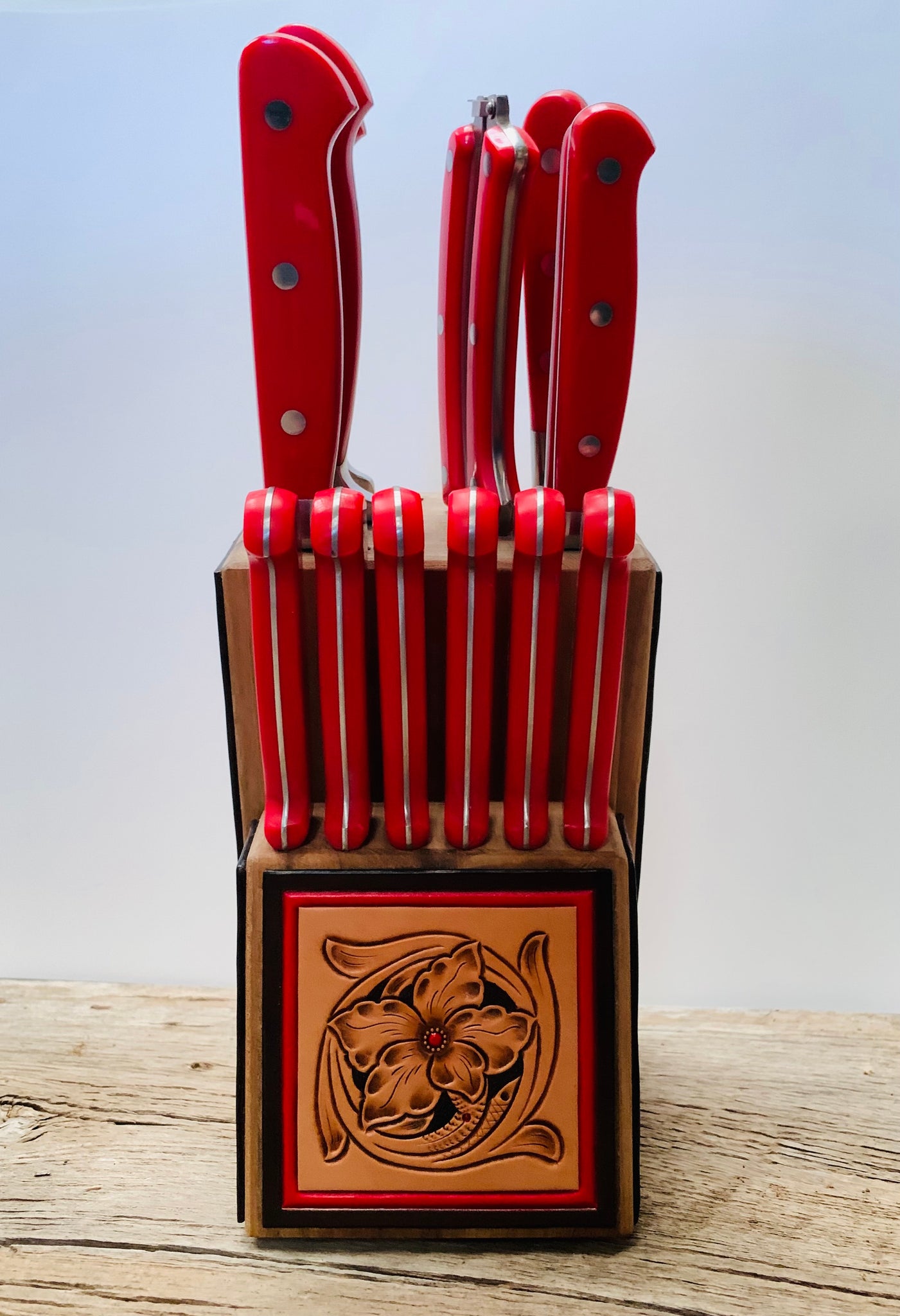 Leather Accented Knife Block-with Red Knives – Bar TL Custom Leather