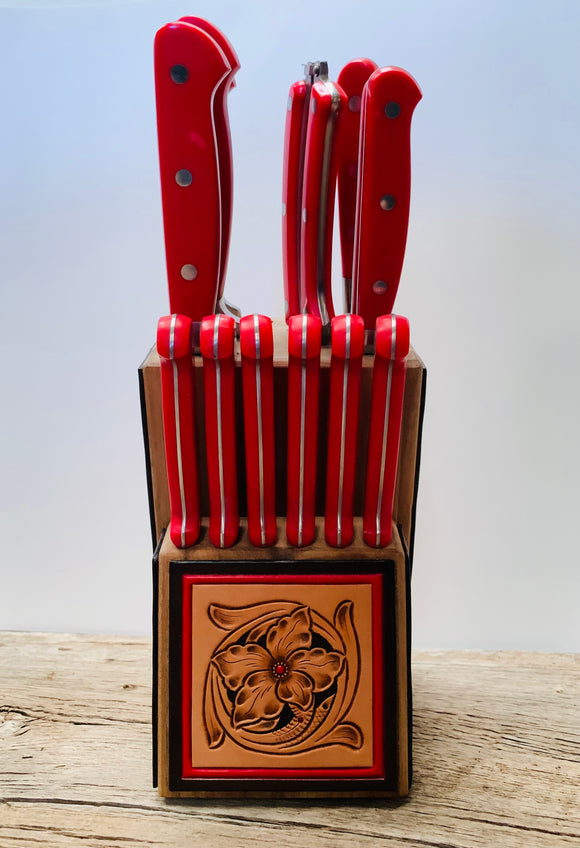Leather Accented Knife Block-with Red Knives