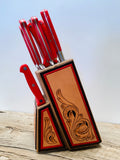 Leather Accented Knife Block-with Red Knives