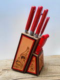 Leather Accented Knife Block-with Red Knives