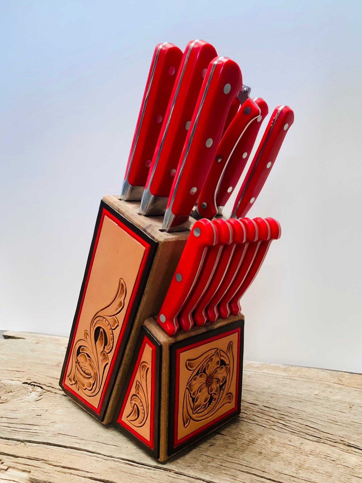 Leather Accented Knife Block-with Turquoise Knives – Bar TL Custom Leather