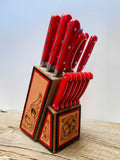 Leather Accented Knife Block-with Red Knives