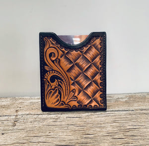 Minimalist card wallet- floral/hand-tooled weave combo