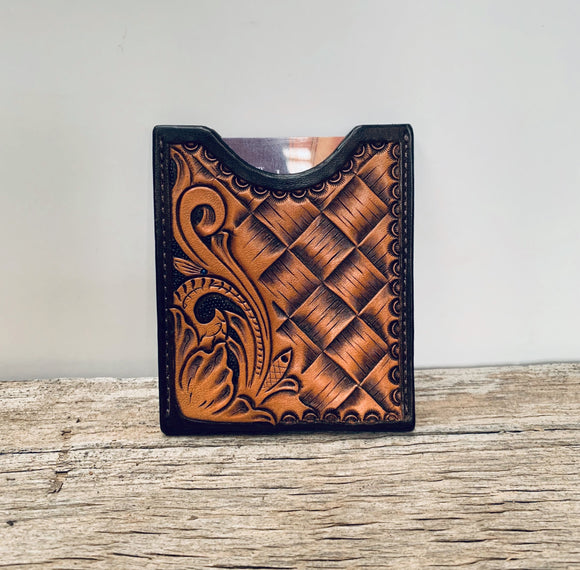 Minimalist card wallet- floral/hand-tooled weave combo